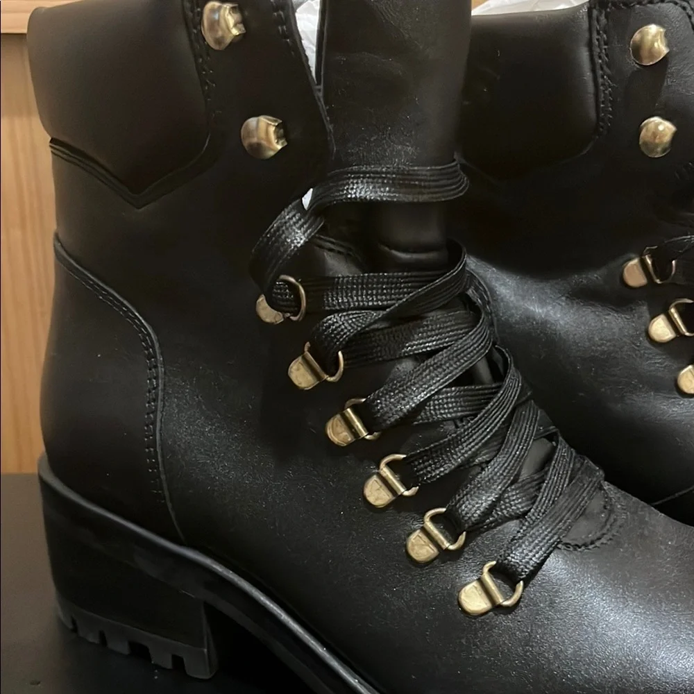 Steve Madden Black Combat Boots with Gold Accents - Picture 4 of 12